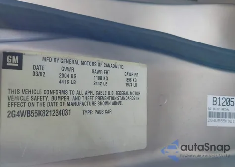 2002 Buick Regal Ls z USA, uszkodzony, nr VIN 2G4WB55K821234031